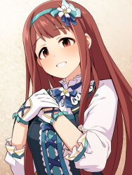  1girl blue_dress blue_hairband blunt_bangs bodice breasts brown_background brown_eyes brown_hair collar dot_nose dress flower frilled_collar frills gloves gradient_background grin hair_flower hair_ornament hairband hands_on_own_chest highres idolmaster idolmaster_million_live! idolmaster_million_live!_theater_days light_blush long_hair looking_at_viewer medium_breasts neck_ribbon own_hands_together revision ribbon shirt sidelocks smile solo straight_hair tanaka_kotoha three-quarter_sleeves uccow upper_body white_gloves white_shirt 