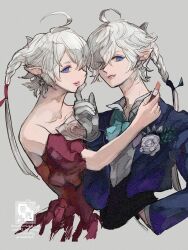  ahoge alisaie_leveilleur alphinaud_leveilleur aqua_bow aqua_bowtie bare_shoulders blue_eyes blue_jacket bow bowtie brother_and_sister collared_shirt corsage cosmetics detached_sleeves dress earrings elezen elf eyeshadow final_fantasy final_fantasy_xiv gloves grey_background hair_over_one_eye hand_in_pocket hand_on_another's_chin holding holding_lipstick_tube jacket jewelry lipstick_tube makeup pink_lips pointy_ears red_dress shirt short_hair_with_long_locks siblings twins upper_body white_gloves white_shirt zerou_pan 