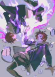  2boys ahoge black_jacket black_pants black_streaks blue_eyes clock clone commentary_request drawstring fire grey_background grey_jacket highres holding_hands hood hoodie jacket jacket_over_hoodie looking_at_another male_focus multicolored_hair multicolored_jacket multiple_boys open_clothes open_jacket pants purple_fire red_hair ringed_eyes shoes short_hair shuiyemusan streaked_hair sumino_takumi the_hundred_line_-last_defense_academy- two-tone_jacket upside-down white_hoodie white_shoes 