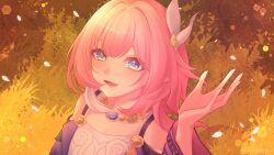  1girl absurdres bare_shoulders blue_eyes breasts coat commentary cyrene_(aedes_elysiae)_(honkai:_star_rail) cyrene_(honkai:_star_rail) dress english_commentary falling_petals hair_ornament highres honkai:_star_rail honkai_(series) illestfairys jewelry looking_at_viewer multicolored_hair necklace outdoors petals pink_hair pointy_ears purple_coat revision short_hair small_breasts smile solo two-tone_hair white_dress white_hair 