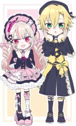  1boy 1girl :3 ankle_strap ascot asymmetrical_legwear awayukisigure belt black_ascot black_belt black_bow black_capelet black_hat black_ribbon black_shirt black_shoes black_shorts black_sleeves black_socks blonde_hair blunt_bangs blush bonnet bow bow_legwear brooch buttons capelet chinstrap collared_shirt colored_inner_hair deformed dress drill_hair ear_chain earclip earrings fang flipped_hair footwear_bow frilled_bonnet frilled_capelet frilled_dress frilled_sleeves frills full_body green_eyes grey_hair hair_between_eyes hair_intakes hair_ornament hair_ribbon hairpin hands_up hat heart highres jewelry linked_piercing long_hair long_sleeves looking_at_viewer magical_boy magical_girl makaino_ririmu mismatched_legwear multicolored_hair multiple_belts neck_ribbon nijisanji official_alternate_costume official_alternate_hairstyle open_mouth outline parted_lips petticoat piercing pink_background pink_bow pink_dress pink_hair pink_ribbon pink_shoes pink_streaks platform_shoes pointy_ears puffy_long_sleeves puffy_sleeves red_eyes red_ribbon ribbon shirt shoelaces shoes short_hair shorts sidelocks signature smile socks standing star-shaped_pupils star_(symbol) streaked_hair symbol-shaped_pupils two-tone_hair two_side_up uzuki_kou vest virtual_youtuber waist_ribbon white_bow white_outline white_socks winged_heart x_hair_ornament yellow_background yellow_ribbon yellow_vest 