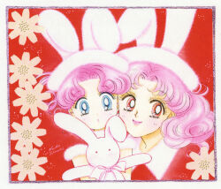  2girls absurdres animal_ear_headwear animal_hat bishoujo_senshi_sailor_moon bishoujo_senshi_sailor_moon_stars blue_eyes cheek-to-cheek chibi_chibi chibi_usa cone_hair_bun double_bun flower hair_bun hat heads_together heart_hair_bun highres multiple_girls non-web_source official_art pink_hair rabbit_hat red_background red_eyes santa_costume scan self-scan signature smile stuffed_animal stuffed_rabbit stuffed_toy surprised takeuchi_naoko wavy_hair 