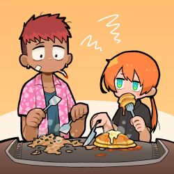  1boy 1girl bandaid bandaid_on_cheek bandaid_on_face black_eyes blue_eyes blush_stickers butter cigarette commentary_request constricted_pupils cooking earrings eating food fork fried_rice griddle highres holding holding_fork holding_knife jewelry knife long_hair looking_at_another looking_down looking_to_the_side low_ponytail open_clothes open_shirt orange_hair original pancake pancake_stack ponytail red_hair short_sleeves smoking syrup takurada undercut 