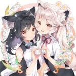  2girls animal_ears black_hair blue_eyes brown_eyes cloud_horizon fox_ears fox_girl highres lily_linglan long_hair looking_at_viewer margaret_(vtuber) multiple_girls sibyl smile virtual_youtuber white_hair witch wolf_ears wolf_girl yellow_eyes 