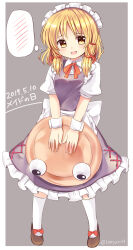  1girl :d alternate_costume apron blonde_hair brown_hat brown_shoes collared_shirt commentary_request dated dress enmaided full_body grey_background hair_ribbon hat highres holding holding_unworn_clothes holding_unworn_hat looking_at_viewer maid maid_day maid_headdress medium_hair moriya_suwako neck_ribbon open_mouth puffy_short_sleeves puffy_sleeves purple_dress ramudia_(lamyun) red_ribbon ribbon shirt shoes short_sleeves smile socks solo spoken_blush standing touhou tress_ribbon twitter_username unworn_hat unworn_headwear waist_apron white_apron white_shirt white_socks wrist_cuffs yellow_eyes 