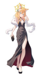  1girl absurdres alternate_costume animal_ear_fluff animal_ears bad_id bad_pixiv_id bag bare_shoulders black_dress blue_archive blue_eyes blush bracelet cat_ears chiu538 commentary_request dress flower hair_between_eyes hair_flower hair_ornament hairclip halo handbag highres holding holding_bag jewelry long_hair looking_at_viewer mari_(blue_archive) open_mouth orange_hair smile solo standing white_flower yellow_halo 