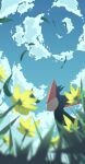  blurry clouds commentary_request day dragapult falling_leaves from_below grass highres leaf mo_(smileomoti) no_humans outdoors pokemon pokemon_(creature) sky solo 