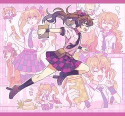  3girls :d black_necktie black_skirt black_socks brown_bag brown_eyes brown_hair cellphone chibi fang flip_phone full_body geta hair_ribbon hat highres himekaidou_hatate holding holding_notebook holding_phone inubashiri_momiji kneehighs long_hair miniskirt multiple_girls multiple_views necktie notebook open_mouth phone pleated_skirt pom_pom_(clothes) pouch puffy_short_sleeves puffy_sleeves purple_hat purple_ribbon purple_shoes purple_skirt re_ghotion red_hat ribbon shameimaru_aya shameimaru_aya_(newsboy) shirt shoes short_sleeves skirt smile socks tengu-geta tokin_hat touhou twintails very_long_hair white_shirt 