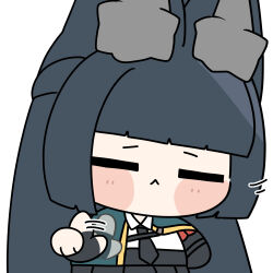  1girl :< afterimage animal_ear_fluff animal_ears aqua_jacket arm_out_of_sleeve black_hair black_necktie black_skirt blush chibi chibi_only closed_eyes closed_mouth fingerless_gloves fox_ears fox_girl gloves high-waist_skirt highres hoshimi_miyabi jacket long_hair motion_lines necktie shinonome_nashi shirt simple_background single_fingerless_glove skirt solo white_background white_shirt zenless_zone_zero 