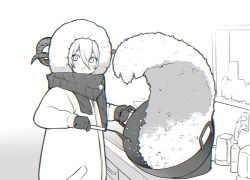  1girl :< blush closed_mouth don_quixote_(project_moon) drooling food fried_rice fried_rice_prank_(meme) fur_hood gloves greyscale hair_between_eyes heishou_pack-wei_branch_(identity)_(project_moon) highres holding holding_spatula horns jacket kitchen limbus_company looking_at_viewer maki_maki_(makimakipoipoi) meme monochrome plastic_bottle project_moon saliva scarf sheep_horns solo spatula upper_body wok 