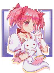  1girl absurdres blush bow closed_mouth commentary_request cropped_torso feiteyin gloves hair_bow highres kaname_madoka kaname_madoka_(magical_girl) kyubey light_smile looking_at_viewer mahou_shoujo_madoka_magica mahou_shoujo_madoka_magica_(anime) pink_bow pink_eyes pink_hair puffy_short_sleeves puffy_sleeves short_sleeves short_twintails soul_gem twintails v watermark white_gloves 