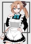  1girl absurdres akigumo_(kancolle) alternate_costume apron black_dress blue_bow blue_bowtie bow bowtie brown_hair brown_ribbon cowboy_shot dress enmaided finger_to_mouth green_eyes grin hair_ribbon hand_on_hip highres kantai_collection long_hair looking_at_viewer maid maid_apron ponytail ribbon smile solo tokiwa_senkei 