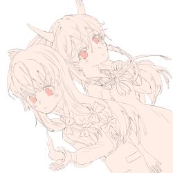  2girls absurdres arm_garter back-to-back bow bowtie clenched_hand closed_mouth collared_dress collared_shrug cowboy_shot dot_nose dress dutch_angle ex-keine eyelashes fire fujiwara_no_mokou hair_bow hair_ribbon highres horn_ornament horn_ribbon horns juliet_sleeves kamishirasawa_keine lapels light_blush long_dress long_hair long_sidelocks long_sleeves looking_ahead looking_at_viewer miaoliang01075 monochrome multiple_girls multiple_hair_bows notched_lapels ofuda ofuda_on_clothes pants pinafore_dress puffy_long_sleeves puffy_short_sleeves puffy_sleeves pyrokinesis red_eyes ribbon short_sleeves shrug_(clothing) sidelocks simple_background sleeveless sleeveless_dress spot_color suspenders touhou very_long_hair white_background 