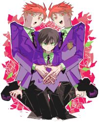  1girl 2boys black_necktie black_pants black_shoes brothers brown_eyes brown_hair collared_shirt commentary_request crossdressing crossdressing_(ftm) flower fujioka_haruhi furrowed_brow green_shirt hair_between_eyes highres hitachiin_hikaru hitachiin_kaoru jacket kneeling multiple_boys necktie open_mouth ouran_high_school_host_club ouran_high_school_uniform pants pure_to_ma purple_jacket red_eyes red_flower red_hair red_rose rose school_uniform shirt shoes short_hair siblings smile suit_jacket sweatdrop twins white_background 