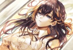 1girl alternate_costume anchor_earrings black_hair black_ribbon blonde_hair blue_eyes braid collared_shirt commentary_request dutch_angle earrings hair_between_eyes highres jewelry jin_(pineeeapple) long_hair multicolored_hair neck_ribbon nijisanji nijisanji_en parted_lips petra_gurin ribbon shirt solo streaked_hair two-tone_hair upper_body virtual_youtuber 