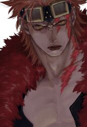  1boy bad_id bad_pixiv_id closed_mouth coat coat_on_shoulders eustass_kid goggles goggles_on_head highres male_focus massara one_piece open_clothes orange_eyes red_hair red_lips scar scar_across_eye scar_on_chest scar_on_face scar_on_neck serious short_hair simple_background solo white_background 