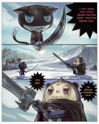  2boys bear bear_boy blue_eyes cape cat chapinor english_text highres holding holding_sword holding_weapon kuma_(persona_4) morgana_(persona_5) multiple_boys no_humans outdoors persona persona_4 persona_5 sword tuxedo_cat weapon 