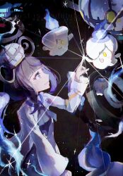  1girl absurdres anzu_(v0_0v_o0) black_dress black_hair blunt_bangs bob_cut breasts cande chandelier chandelure closed_mouth coat dress fire gloves gradient_hair gwynn_(pokemon) hat highres litwick long_sleeves multicolored_hair open_clothes open_coat open_mouth partially_fingerless_gloves pokemon pokemon_(creature) pokemon_legends:_z-a purple_fire purple_hair short_hair smile sparkle violet_eyes white_coat yellow_eyes 