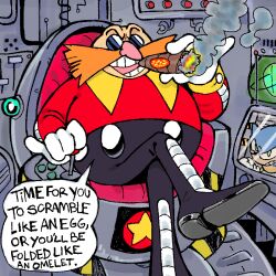  1her0 2boys bald black_boots black_pants boots brown_facial_hair cigar classic_eggman classic_sonic commentary controller crossed_legs dr._eggman english_commentary english_text facial_hair full_body gloves grin holding holding_cigar indoors joystick long_mustache long_sleeves machinery male_focus monitor multiple_boys mustache pants pink_nose pinky_out red_shirt round_eyewear shirt sitting smile smoke smoking solo_focus sonic_(series) sonic_the_hedgehog sonic_the_hedgehog_(classic) speech_bubble sunglasses teeth v-shaped_eyebrows white_gloves 