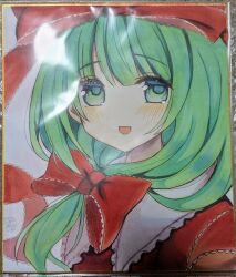  1girl bow front_ponytail green_eyes green_hair hair_ribbon highres hoshi_tea_party kagiyama_hina long_hair looking_at_viewer open_mouth photo_(medium) ribbon solo touhou white_background 