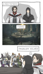  absurdres animal_head armor beard bird bird_boy black_capelet black_gloves black_skin blindfold_mask blue_surcoat brother_and_sister capelet colored_skin dark_skin dress duchess_(elden_ring) elden_ring elden_ring_nightreign executor_(elden_ring) facial_hair gloves green_hood guardian_(elden_ring) hat hat_over_eyes helmet highres hood hood_up horns ironeye_(elden_ring) jewelry large_hat looking_at_viewer mask mr_gardener necklace purple_hat purple_sleeves raider_(elden_ring) recluse_(elden_ring) revenant_(elden_ring) scale_armor siblings standing undertaker_(elden_ring) very_dark_skin winged_helmet wings witch witch_hat wylder_(elden_ring) 