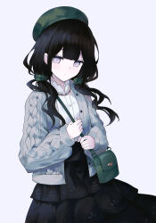  1girl bag beret black_hair black_skirt blunt_bangs book_off cable_knit cardigan closed_mouth commentary_request cowboy_shot double-parted_bangs glazearty green_bag green_hat green_scrunchie grey_cardigan grey_eyes hair_ornament hair_scrunchie hat highres holding_strap jewelry kurobe_nanoka long_hair looking_at_viewer low_twintails mahou_shoujo_no_majo_saiban necklace official_alternate_costume open_cardigan open_clothes scrunchie shirt shoulder_bag simple_background skirt solo twintails white_background white_shirt 