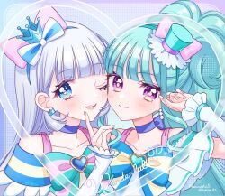  2girls ;d bare_shoulders blue_bow blue_bowtie blue_choker blue_crown blue_eyes blue_hairband blunt_bangs blush bow bow_choker bow_hairband bowtie choker closed_mouth collarbone commentary crown cure_lillian cure_nyammy dress gloves green_bow green_bowtie green_hair green_hat grey_hair hairband hand_up hat heart highres kuzumochi_(hgnon82) long_hair looking_at_viewer mini_hat multiple_girls nekoyashiki_mayu nekoyashiki_yuki off-shoulder_dress off_shoulder one_eye_closed open_mouth pink_eyes portrait precure purple_background short_sleeves smile striped_bow striped_bowtie striped_clothes white_dress white_gloves wonderful_precure! 
