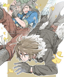  2boys 80850love_fu black_cape black_gloves black_hair black_jacket black_pants blue_eyes blue_jacket boots border brown_background brown_hair brown_pantyhose cape chain chain_necklace commentary_request falling falling_leaves father_and_son final_fantasy final_fantasy_viii fingerless_gloves frown fur-trimmed_jacket fur_trim gloves green_eyes gun gunblade hair_between_eyes highres holding holding_weapon jacket jewelry laguna_loire leaf long_hair machine_gun male_focus multiple_boys necklace open_mouth pants pantyhose pillarboxed shirt short_hair squall_leonhart sweatdrop waist_cape weapon white_border white_shirt 