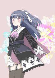  1girl artist_name ascot assault_lily asymmetrical_clothes asymmetrical_jacket black_jacket blunt_bangs blush bow braid brown_background brown_cape brown_skirt brown_thighhighs cape commentary cowboy_shot cross cross_necklace cross_print floral_background frilled_skirt frills fukuyama_jeanne_sachie fumi_(fumifumi3axl) garter_straps gloves grey_hair hair_bow half_up_braid half_updo high_ponytail highres jacket jewelry light_smile long_hair long_sleeves looking_at_viewer miniskirt mole mole_under_mouth necklace official_alternate_costume pink_ascot pink_eyes ponytail print_jacket skirt solo standing thigh-highs white_bow white_gloves 