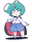  1girl antennae blue_shorts blush_stickers buttons cape closed_mouth collared_shirt eyebrows_visible_through_hair fried_rice0614 full_body green_eyes green_hair highres long_sleeves one-hour_drawing_challenge one_eye_closed shirt short_hair shorts simple_background smile solo touhou white_background white_shirt wriggle_nightbug 