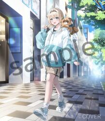  1girl :d animal_on_shoulder aqua_eyes aqua_jacket aqua_shoes black_hairband black_shirt blonde_hair braid brown_shorts commentary_request copyright_name day full_body hair_flaps hairband hand_up hololive hood hooded_jacket jacket kakeru_(kakekaker001) kazama_iroha long_sleeves looking_at_viewer low_twin_braids medium_hair multicolored_jacket official_art open_mouth outdoors pokobee puffy_long_sleeves puffy_sleeves sample_watermark shirt shoes short_shorts shorts smile sneakers socks solo twin_braids twirling_hair two-tone_jacket virtual_youtuber watermark white_jacket white_socks 