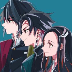  1girl 2boys akn3822 black_hair black_jacket blue_background brother_and_sister brown_eyes closed_mouth demon_slayer_uniform earrings gold_buttons hair_between_eyes hair_ribbon hanafuda_earrings haori highres jacket japanese_clothes jewelry kamado_nezuko kamado_tanjirou kimetsu_no_yaiba long_hair looking_to_the_side multiple_boys parted_bangs profile ribbon scar scar_on_face scar_on_forehead short_hair siblings smile swept_bangs tomioka_giyuu upper_body white_ribbon 
