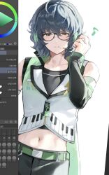  1boy aoba_tsumugi art_program_in_frame belt black-framed_eyewear black_pants black_shirt blue_hair cape collarbone crop_top detached_sleeves ensemble_stars! glasses green_belt green_cape hair_between_eyes hand_up headphones high_collar highres jacket lapels male_focus microphone musical_note navel pants piano_print screenshot shirt solo tsmkwa wavy_hair white_jacket 