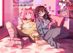  2girls akemi_homura animal_print bed black_hairband blush bow brown_hair brown_skirt cat_print cellphone closed_mouth commentary controller electric_guitar english_commentary game_controller glasses grey_leggings grey_sweater guitar hair_bow hairband heart heart_print highres holding holding_controller holding_game_controller holding_phone instrument kaname_madoka knee_up kneehighs leggings long_sleeves looking_at_another looking_to_the_side mahou_shoujo_madoka_magica medium_hair moon_print multiple_girls notice_lines on_bed phone pillow pink_bow pink_eyes pink_hair pink_nails pink_socks poster_(object) puffy_long_sleeves puffy_sleeves purple_nails red-framed_eyewear sidelighting skirt smartphone socks sparkle_print striped_clothes striped_socks sweater togekk0 violet_eyes window yellow_sweater 