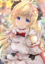  1girl ahoge animal_ears blonde_hair dress fur-trimmed_dress fur_trim hair_ornament hairpin hololive horns long_hair looking_at_viewer saca110 sheep_ears sheep_girl sheep_horns smile solo tsunomaki_watame tsunomaki_watame_(1st_costume) very_long_hair violet_eyes virtual_youtuber white_dress 