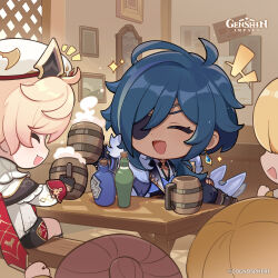  1girl 2boys 2others absurdres black_gloves black_shorts blonde_hair blue_hair boots bottle brown_boots brown_hair chibi closed_eyes commentary copyright_name dahlia_(genshin_impact) dark-skinned_female dark_skin dot_nose earrings english_commentary eyepatch fingerless_gloves genshin_impact gloves hat highres holding indoors jewelry kaeya_(genshin_impact) long_sleeves multicolored_hair multiple_boys multiple_others official_art one_eye_covered pants puffy_long_sleeves puffy_sleeves short_shorts shorts sitting smile streaked_hair table tavern white_hat 