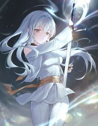  1girl ahoge bridal_gauntlets closed_mouth cowboy_shot floating_hair green_eyes hair_intakes heeri highres holding holding_sword holding_weapon long_hair long_sleeves open_clothes open_vest original pants shirt solo standing sword thigh_gap vest weapon white_hair white_pants white_shirt white_vest 