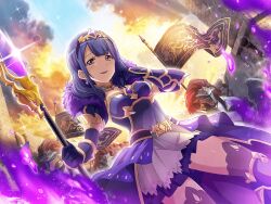  1girl 3others armor aura dress earrings flag fur_trim game_cg gloves grey_eyes hanayagi_kaoruko headpiece helm helmet holding holding_polearm holding_weapon jewelry looking_at_viewer medium_hair multiple_others naginata official_art parted_lips polearm purple_dress purple_gloves purple_hair purple_skirt shoujo_kageki_revue_starlight shoujo_kageki_revue_starlight_-re_live- showgirl_skirt skirt solo_focus standing upper_body weapon 