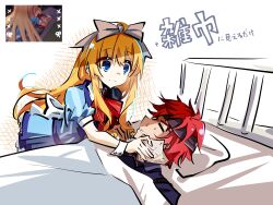  1boy 1girl 25ocoveryui absurdres agate_crosner bed blonde_hair blue_eyes commentary_request couple eiyuu_densetsu headband healing highres hospital_bed long_hair red_hair ribbon scar simple_background smile sora_no_kiseki tita_russell waitress white_ribbon 