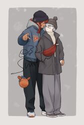  0321smith 2girls beanie black_hat black_jacket black_pants blue_jacket brown_shoes commentary_request cool_(gundam_suisei_no_majo) earrings fanny_pack grey_background grey_eyes grey_hair grey_hoodie grey_pants gundam gundam_suisei_no_majo haro hat highres holding_hands hood hoodie hots_(gundam_suisei_no_majo) jacket jewelry long_hair miorine_rembran multiple_girls open_mouth pants red_hair shoes short_hair signature smile stud_earrings suletta_mercury sweater thick_eyebrows white_shoes white_sweater yuri 