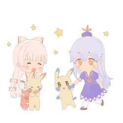  2girls ^_^ absurdres arm_belt ascot baggy_pants belt belt_buckle black_shoes blue_dress blue_hair blue_hat blunt_bangs blush_stickers bow buckle chibi chinese_commentary clenched_hand closed_eyes closed_mouth collared_dress collared_shirt commentary_request crossover dress eyelashes footwear_bow frilled_dress frills fujiwara_no_mokou hair_bow happy hat highres holding_hands juliet_sleeves kamishirasawa_keine lace-trimmed_dress lace-trimmed_sleeves lace_trim lapels long_hair long_sidelocks long_sleeves mary_janes medium_dress miaoliang01075 mini_hat multi-tied_hair multiple_girls multiple_hair_bows notched_lapels ofuda ofuda_on_clothes open_mouth orange_eyes pants pantyhose pikachu pink_shoes pokemon pokemon_(creature) puffy_short_sleeves puffy_sleeves red_ascot red_belt red_bow red_pants ribbon-trimmed_bow ribbon_trim shirt shoes short_sleeves sidelocks simple_background smile socks standing star_(symbol) suspenders touhou very_long_hair walking white_background white_bow white_hair white_pantyhose white_shirt white_socks 