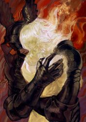  1boy 1girl armor black_armor cahir ciri closed_eyes floating_hair full_armor glowing glowing_hair hand_on_another's_shoulder helmet highres hug long_hair obscured_eyes open_mouth red_background robe rora_(auroradiation) the_witcher_(series) upper_body white_hair white_robe winged_helmet 