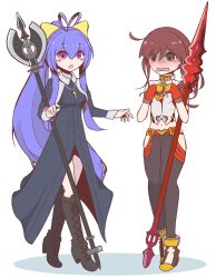  2girls absurdres ahoge antenna_hair bare_shoulders blazblue blush blush_stickers boots bow breasts brown_hair cosplay cross cross_necklace crossover embarrassed fingerless_gloves gloves halterneck high_heels highres jewelry long_hair lowleg lowleg_pants mai_natsume mai_natsume_(cosplay) melty_blood melty_blood:_type_lumina midriff mokujhin mole mole_under_mouth multiple_girls necklace noel_(tsukihime) noel_(tsukihime)_(cosplay) nun pants polearm ponytail purple_hair revealing_clothes side_ponytail spear standing tsukihime tsukihime_(remake) very_long_hair violet_eyes weapon wing_collar 