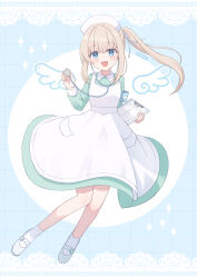  1girl :d apron aqua_dress armband artist_name blonde_hair blue_armband blue_eyes clipboard drawn_whiskers dress full_body furutori hair_intakes hat highres holding holding_clipboard holding_stethoscope light_blush long_hair looking_at_viewer mary_janes nurse nurse_cap open_mouth original ponytail shoes sidelocks smile solo sparkle stethoscope white_apron white_shoes 