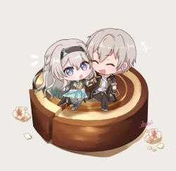  1boy 1girl :o anemonenot aqua_dress aqua_thighhighs blush brown_hairband brown_jacket caelus_(honkai:_star_rail) dress fang firefly_(honkai:_star_rail) flying_sweatdrops gradient_hair green_pupils grey_hair hair_between_eyes hair_intakes hairband highres honkai:_star_rail honkai_(series) jacket long_hair multicolored_eyes multicolored_hair neckerchief oak_cake_roll_(honkai:_star_rail) open_mouth orange_neckerchief signature skin_fang smile thigh-highs trailblazer_(honkai:_star_rail) 