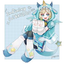  1210_neno 1girl animal_costume animal_ear_hood animal_hands bell black_pantyhose blonde_hair blue_background blue_bow blue_cloak blue_dress blue_eyes blue_horns blue_shoes blue_tail blue_wings border bow cloak cloud_print commentary_request copyright_name deepwood_dream_(infinity_nikki) dot_nose dragon_costume dragon_tail dragon_wings dress elbow_gloves fake_horns fake_tail fake_wings frilled_dress frills full_body gloves grid_background hair_bow hair_ornament happy heart highres hood hood_up hooded_cloak horns infinity_nikki leg_warmers light_blush looking_at_viewer loose_gloves low_twintails medium_dress medium_hair neck_bell nikki_(series) notice open_mouth outside_border pantyhose paw_gloves print_dress print_leg_warmers shoes shooting_star_(symbol) short_twintails signature sitting smile solo sparkle star_(symbol) star_hair_ornament star_print striped_clothes striped_gloves striped_pantyhose tail twintails two-tone_bow vertical-striped_clothes vertical-striped_pantyhose white_border white_gloves white_leg_warmers wings yellow_bow 