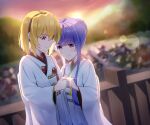  bangs blonde_hair blunt_bangs blurry blurry_background blush bride dconan_owo furude_rika glint hair_bun higurashi_no_naku_koro_ni holding_hands houjou_satoko japanese_clothes jewelry kimono lens_flare looking_down medium_hair purple_hair red_eyes ring shiromuku short_hair_with_long_locks sidelocks smile uchikake violet_eyes wedding wedding_ring white_kimono yuri 