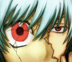  1boy close-up crack cracked_kawaii_mask cracked_mask gintama kira39s male_focus mismatched_eyes red_eyes sakata_gintoki sanpaku solo white_hair 