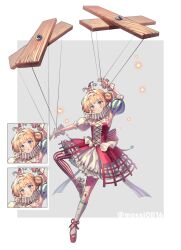  1girl :o alternate_costume arm_up armpits asymmetrical_footwear ballet_slippers blue_eyes braid braided_bangs closed_mouth control_bar detached_sleeves doll_joints dress full_body grey_background hair_bun hat highres jester_cap joints kiperina marionette mismatched_footwear mossi_(mossi0816) multiple_expressions neck_ruff pantyhose parted_lips puffy_short_sleeves puffy_sleeves puppet puppet_strings red_dress red_shoes reverse:1999 shoes short_dress short_hair short_sleeves single_leg_pantyhose single_side_bun single_sock socks solo sparkle_facial_mark standing standing_on_one_leg star_(symbol) striped_clothes striped_pantyhose teardrop_facial_mark vertical-striped_clothes vertical-striped_pantyhose white_shoes wrist_cuffs 