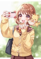  1girl :d ^_^ bag blurry blurry_background blush bow bowtie braid braided_hair_rings brown_hair brown_sailor_collar brown_skirt buttons cardigan cellphone closed_eyes commentary_request cowboy_shot delicious_party_precure hair_rings hanamichi_ran highres holding holding_phone kuzumochi_(hgnon82) letterboxed long_sleeves mem-mem_(precure) open_mouth orange_bow orange_bowtie outside_border phone pleated_skirt precure red_eyes sailor_collar school_bag school_uniform serafuku short_hair skirt sleeves_past_wrists smartphone smile teeth upper_teeth_only yellow_cardigan 